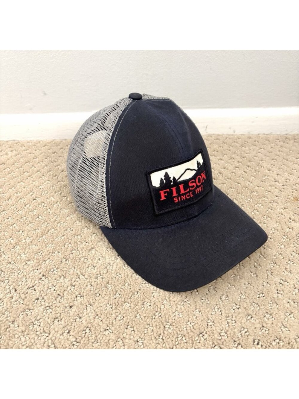 Filson Navy Blue Mesh Trucker Hat Adjustable Leather Strap